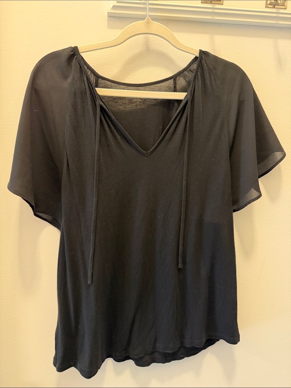 LOFT Black Flutter-Sleeve Tie-Detail Top